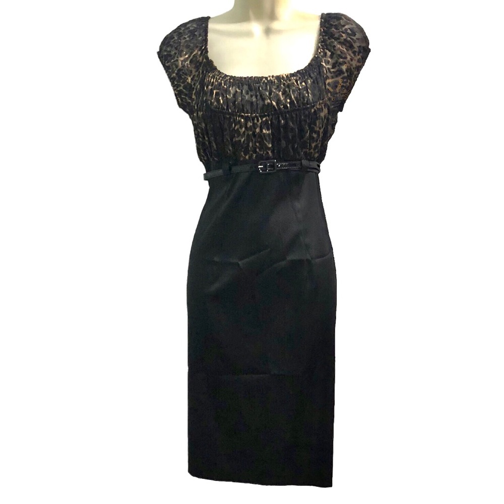 NWT Leopard Print Black Satin Empire Waist Dress Belted Women’s size 6 NEW‎